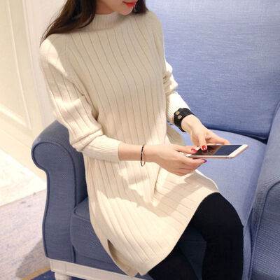 

Autumn Winter Women Mid-long Sweater Ladies Pullover Sweater Solid Color Base Knit Split Dress