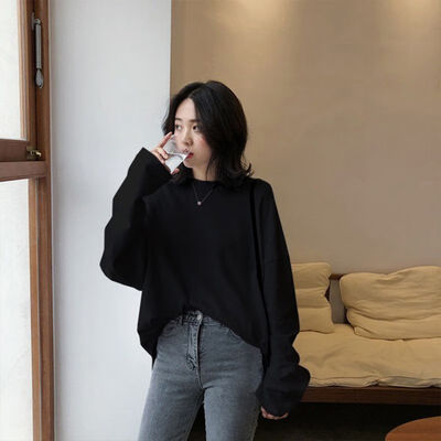 

Autumn New Solid Color Plus Size Women Long Tops Korean Style Round Neck Long-sleeved T-shirts