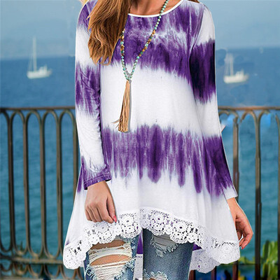 

Women Sexy Tops Round Collar Print Openwork Lace Stitching Loose Long Sleeve Casual T-Shirt Tops