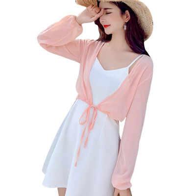 

Women Lace Up Perspective Shirt Chiffon Solid Kimono Cardigan Loose Long Sleeve Short Blouse Summer Cover Up Beach Plus Size