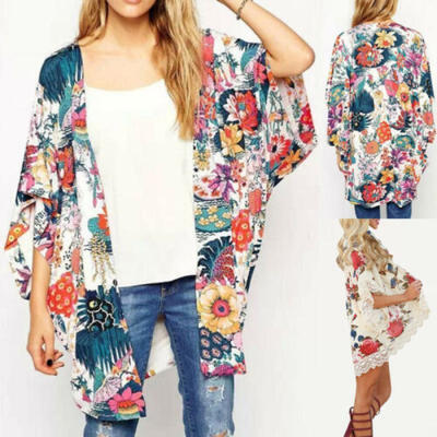 

Women Summer Boho Beach Cover Up Lace Floral Cardigan Kimono Chiffon Coat Blouse