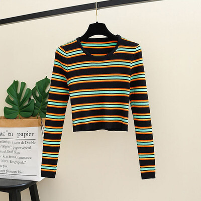 

Womens Knitted Sweater Autumn Stripe Slim Pullover Ladies Korean Slim Winter Bottoming Knitwear Vintage Jumper Pull Femme