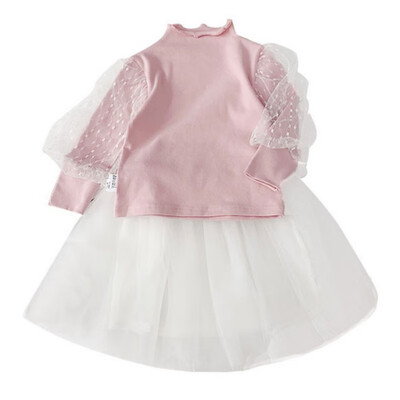 

0-5T Baby Set Children Girls Autumn Solid Color Long Sleeve T-Skirt Princess Mesh Skirt Two-Piece Set
