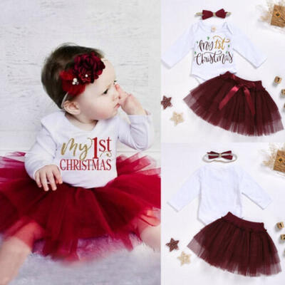 

US Newborn Baby Girl My 1st Christmas Romper Tutu Dress 3Pcs Clothes Outfits Set