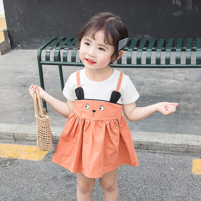 

Summer Girls Dress Cute Cartoon Ear Fake Two Piece Baby Girls Dress Beach Short Sleeved Sweet Princess Dress