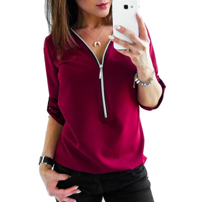 

Spring Autumn Women Casual Solid Color Long Sleeve Shirt Zipper Loose Blouse