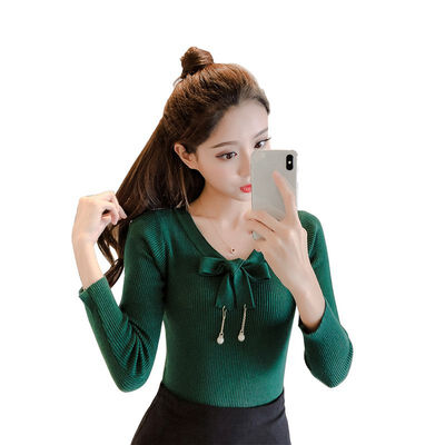 

Women Autumn Knitted Bow Sweater Round Collar Slim Solid Long-Sleeved Casual Wild Bottoming Tops Sweet Sweaters Tops Female