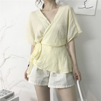 

Jlong Kimono Style Bandage Womens Tops Blouses Feminina Elegant V-neck Short Sleeved Slim Chiffon Shirt New Fashion z1