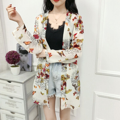 

Sweet Blouses Style Butterfly Print Chiffon Sunscreen Shirt Fashion Trend Long-sleeved Womens Shirts