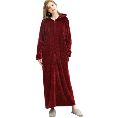 

Autumn And Winter Nightgown Zipper Bathrobe Flannel Couple Gown Pocket Hooded Long Robe