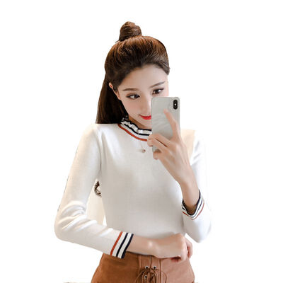 

Fashion Knitted Slim Long Sleeves Bottoming Tops Ruffles Half High Coullar Sweaters Women Autumn Striped Print Pullovers Female