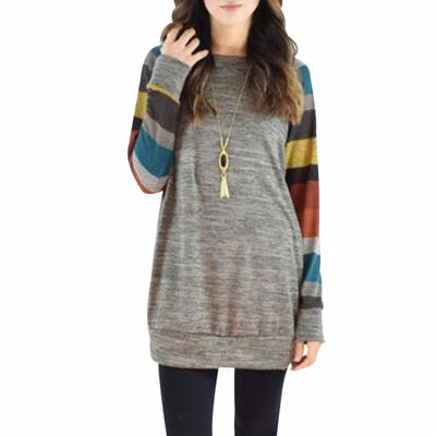 

Casual Autumn Women Loose Long Sleeves Stripe Splicing Base Shirt Long Tops