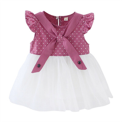 

Children Summer Girls Dress Print Bow Cute Mesh Stitching Bottoming Short Sleeve Sweet Princess Dress
