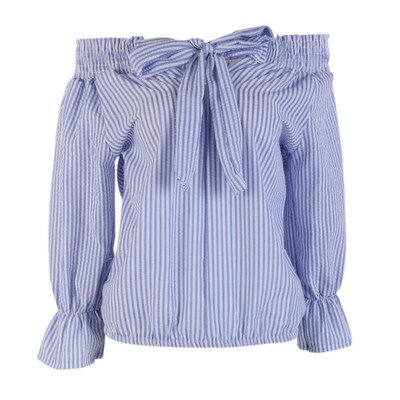 

Sexy Autumn Women Long Sleeve T shirt Ladies Off Shoulder Slim Tops Female Sling tshirt Blue stripes Tee F2