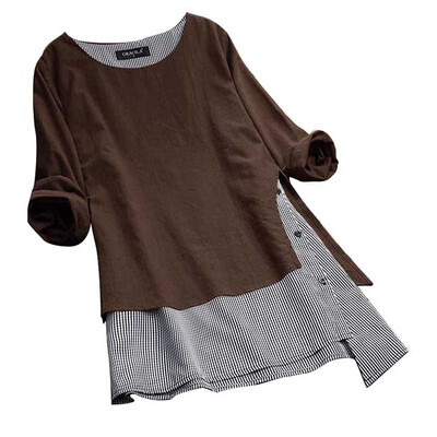 

Female Fake Two Pieces Blusa Women Spring Plaid Patchwork Blouse O Neck Long Sleeve Shirt Casual Plus Size 3XL Cotton Femme Tops