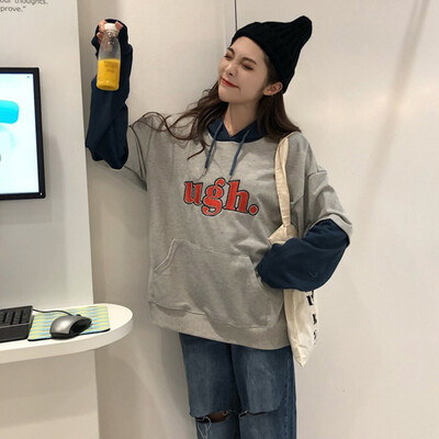 

Women Fake Two kpop Hoodie Female Stitching Long Sleeve Pullover Hip Hop Moletom Preppy Fleece Friends Sweatshirt Streetwear