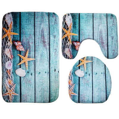 

Gobestart Bathroom Non-Slip Blue Ocean Style Pedestal Rug Lid Toilet Cover Bath Mat