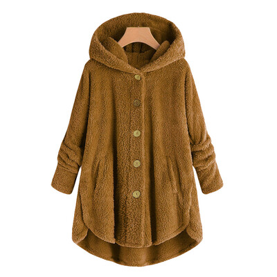 

Toponeto Women Plus Size Button Plush Tops Hooded Loose Cardigan Wool Coat Winter Jacket