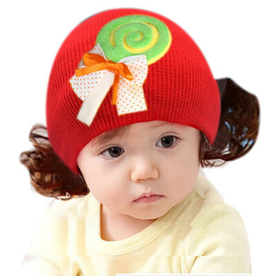 

Newborn Cute Baby Hat Toddler Baby Warm Knit Hat Girls Caps Cartoon Bowknot Cap Girls Fake Hair Wig Hats Kids Headwear