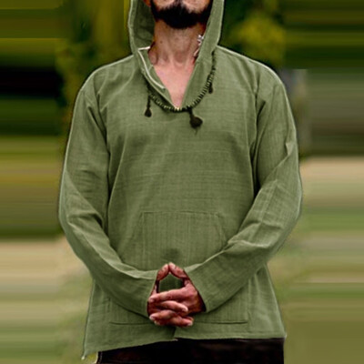 

Toponeto Mens New Style Fashion Retro Pure Cotton Linen Long Sleeve Cap Blouse Top