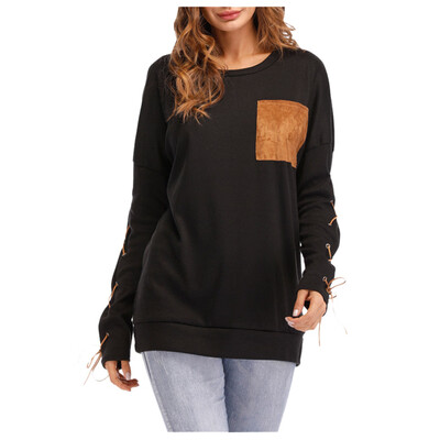 

Tailored Women O-Neck Long Sleeves Hand Cuff Strap Pocket Blouse With Head Sweatshirt