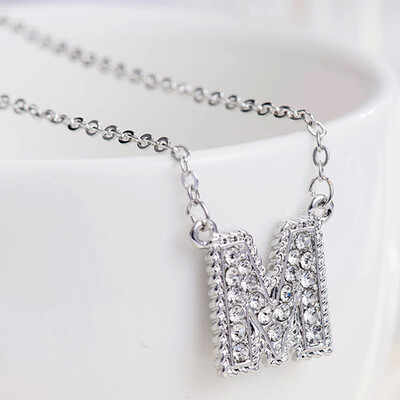 

Fashion Women 26 Double Sided English Alphabet Diamond Silver Color Necklace