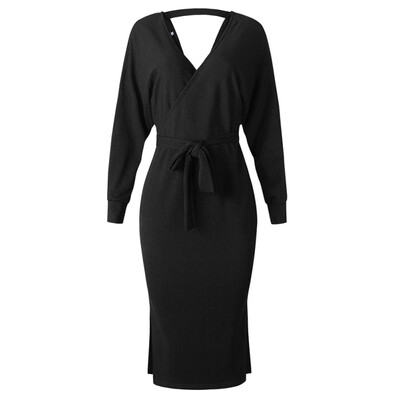 

Women Sexy V Neck Side Split Bandage Dress Autumn New Fashion Slim High Waist Winter Dress Casual Solid Elegant Ladies Dress