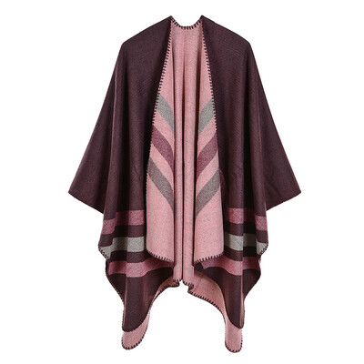 

Fashion Women Faux Cashmere Poncho Cardigan Striped Print Winter Capes Sweater Shawl Scarf Loose Outerwear