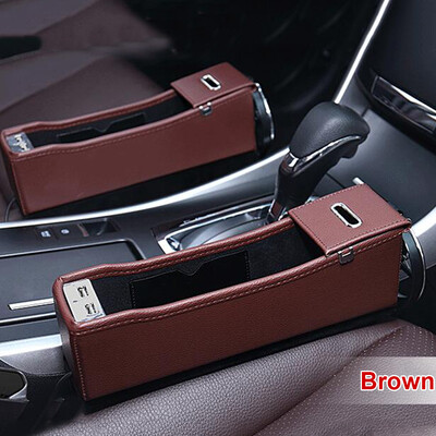 

Black Leather Car Left Seat Crevice Storage Box Cup Holder With Dual USB Charge