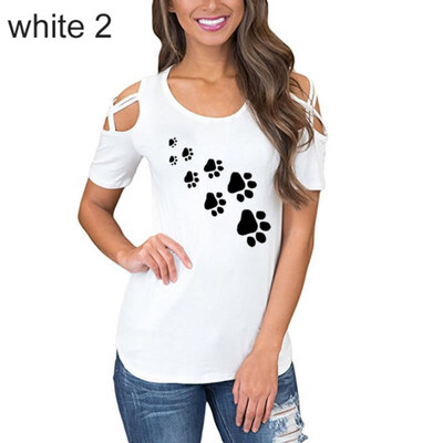 

Summer Casual Paw Print Cross Off Shoulder Short Sleeve O-Neck Women T-Shirt Top