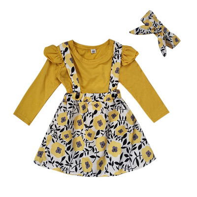 

Spring Autumn Casual Fashion Baby Girl Long Sleeve Top And Flower Printing Suspender Skirt And Headband Set Three-piece