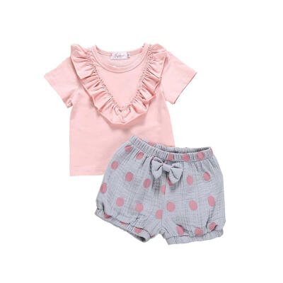 

2019 New Baby Girls Short Sleeve Solid Print T-shirt BlouseDot Print Shorts Suits Casual Outfits Summer Sets