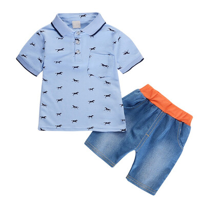

Hot baby boy clothes children cute cartoon pony print lapel short sleeve shorts suit for 0-4 years old