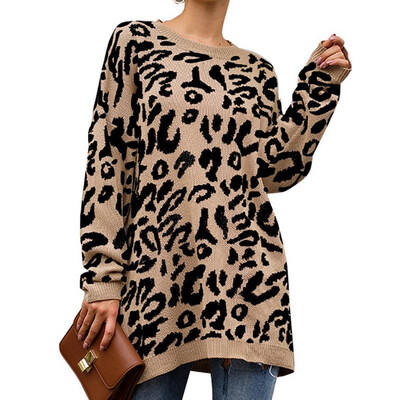 

Winter Women Knitwear Loose Mid Long Casual Euramerican Leopard Print Pullover Knitwear