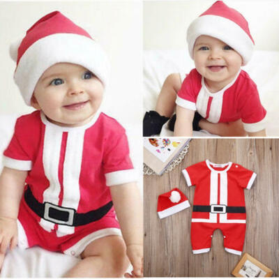 

USNewborn Baby Boy Girl Christmas Santa Romper Bodysuit Hat Outfit Fancy Costume