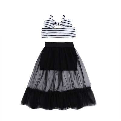 

new fashion girls set bow striped camisole mesh skirt two-piece suit