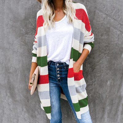 

Tailored Women Long Sleeve Color Striped Pocket Casual Knitted Outerwear Cardigan Sweater