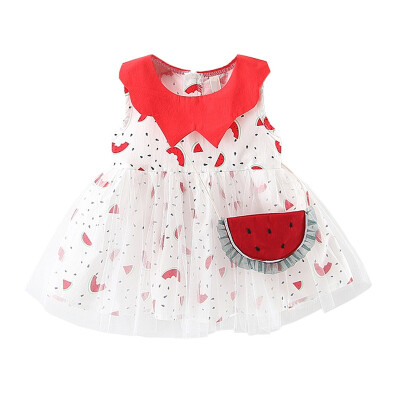 

2Pcs Baby Girls Dress Sets Kids Watermelon Pattern Sleeveless Mesh Dresses Casual Sundress With Bag