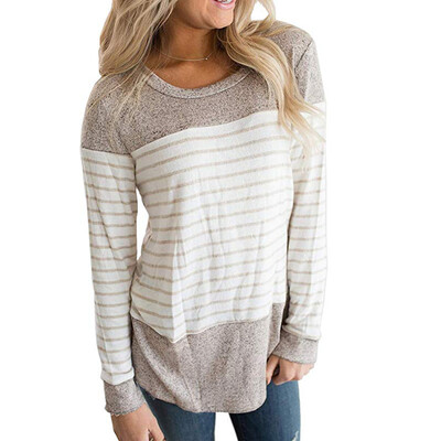 

Women T-Shirt Round Collar Loose Stripe Tops Print Retro Long Sleeved Casual Wild Short Tops