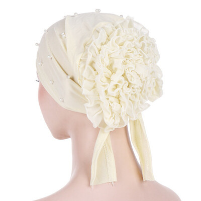 

New Solid Color Beaded Large Flower Stretch Headscarf Muslim Turban Hat Chemo Cap Hair