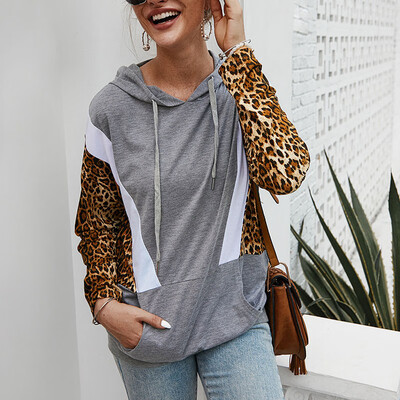 

Fashion Womens Fashion Casual All-match Autumn Winter Warm Leopard Pattern Stitching Hooded Sweatershirt Hoody