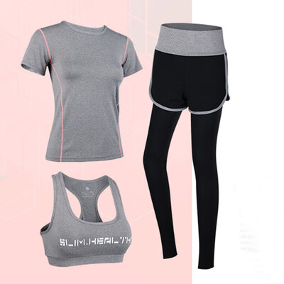

Gym 3 Piece Set Elastic Short Sleeve Fitness Tops Trousers&Bra Summer Autumn Breathable Sports Sets For Women