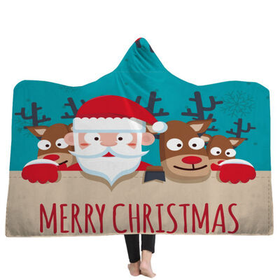 

Soft Plush Cloak with Cap Warm Thick Double-layer Plush Christmas Pattern Printed Hooded Blanket Christmas Decor