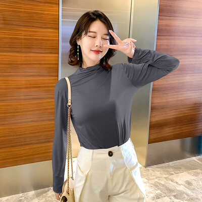 

Tailored Fashion Women Top High Collar Pure Color Elegant Long Sleeve Casual Blouse