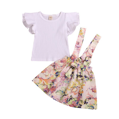 

Summer Baby Girl Flare Sleeve Cotton T-shirt Blouse Floral Strap Skirts Casual Outfits Set