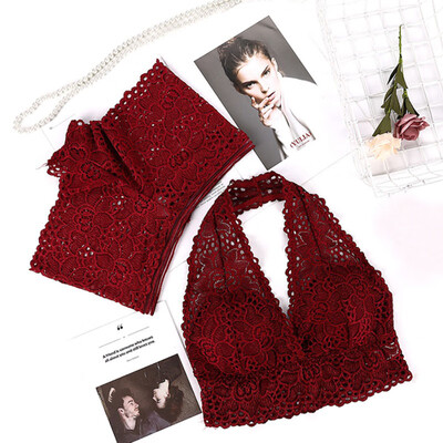 

Hot Lace Sexy Wire Free Halter Bra Set Push Up Bralette Lingerie Women 2 piece Underwear Set Solid Color Bras&Panties Set