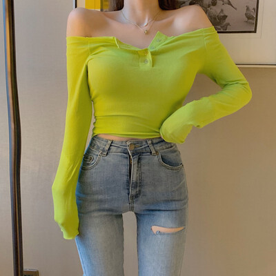 

Sexy Off The Shoulder Basic Tee Tops For Women Autumn Solid Color Long Sleeve Bottoming Tee Shirts Femme