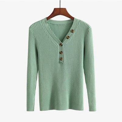 

New Fashion Button V-neck Sweater Women Spring Autumn Solid Knitted Pullover Women Slim Soft Jumper Sweater Female Knit Tops