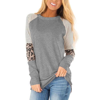 

Fashion Women Autumn Splicing Longline T-Shirt Striped Leopard Print O Neck Long Sleeve Casual Top