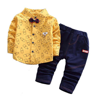 

Korean Style children clothing boy Printed Plaid Solid Shirt Trousers Two-piece Suit 1-4 years old